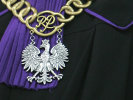 Na zdjęciu widoczny jest łańcuch z orłem zawieszony na tle czarnej togi z fioletowym kołnierzem