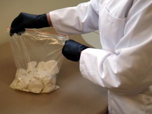 Na zdjęciu widoczna jest torba foliowa z zawartością białej zbrylonej substancji. Torba trzymana jest przez pracownika laboratorium kryminalistycznego.