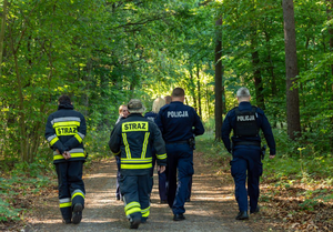 policjanci oraz strażacy pożarni podczas działań w kompleksie leśnym